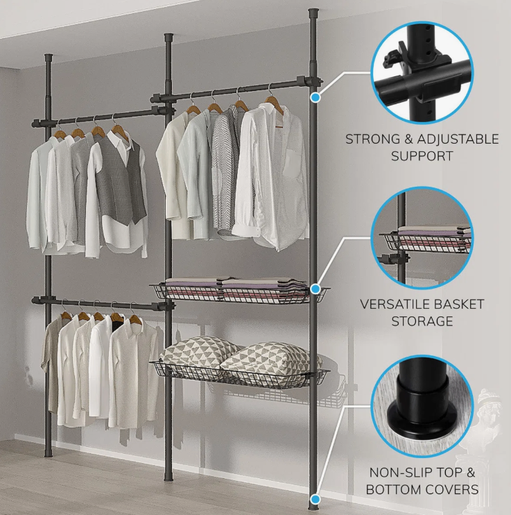 Glain Adjustable Double Black With Baskets Telescopic Wardrobe Organiser Clothes Rail