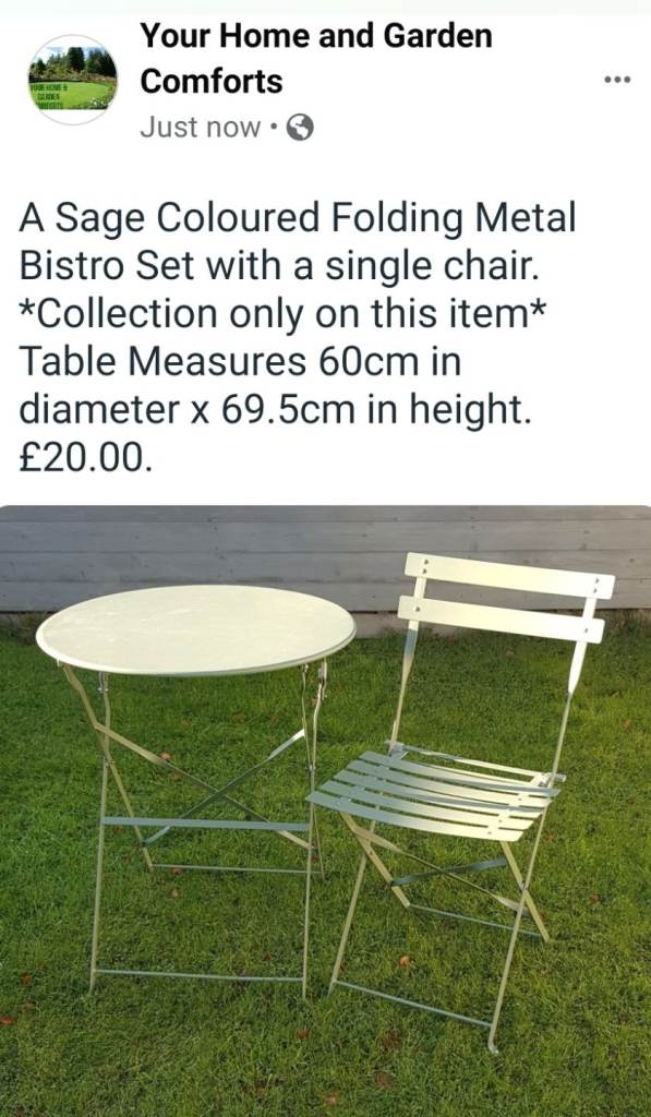 A Folding Metal Bistro Table with 1 Chair.
