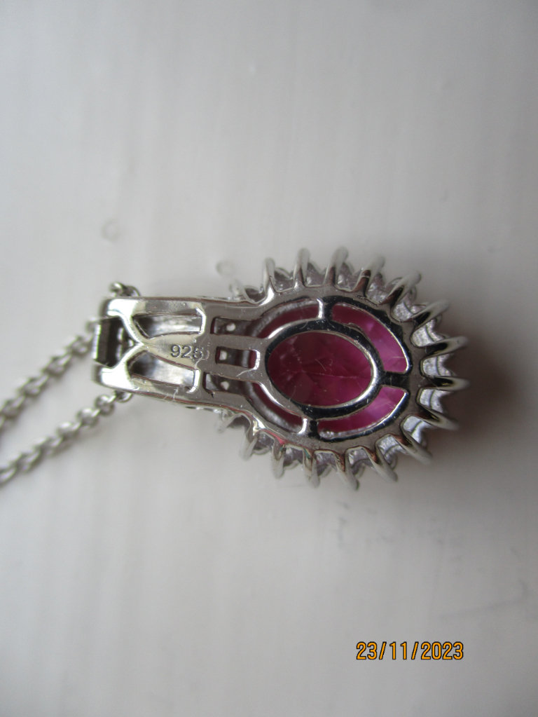Lab created pink sapphire and natural Zircon Halo pendant and 20 inch chain