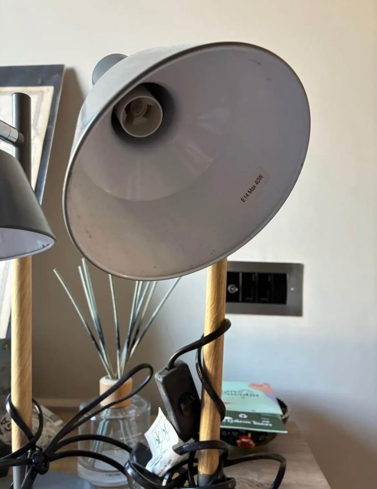 Pair of Grey and Wood Desk Lamps – Good Condition