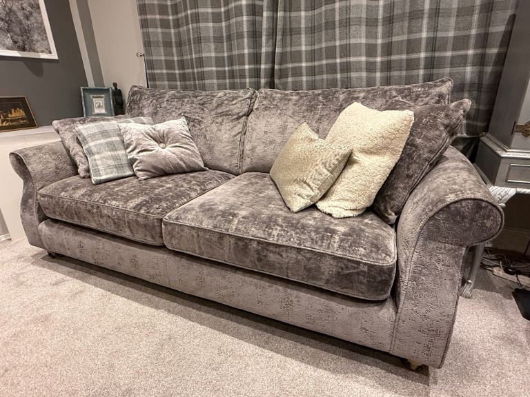 X2 crushed velvet style grey sofas