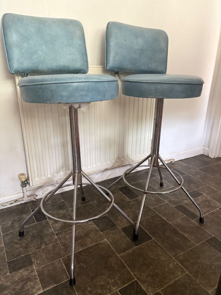 2 x baby blue vintage bar stools 
