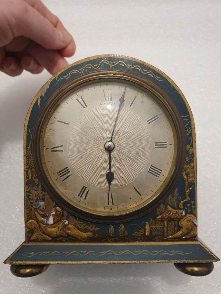 French gilded blue lacquer chinoiserie mantel clock