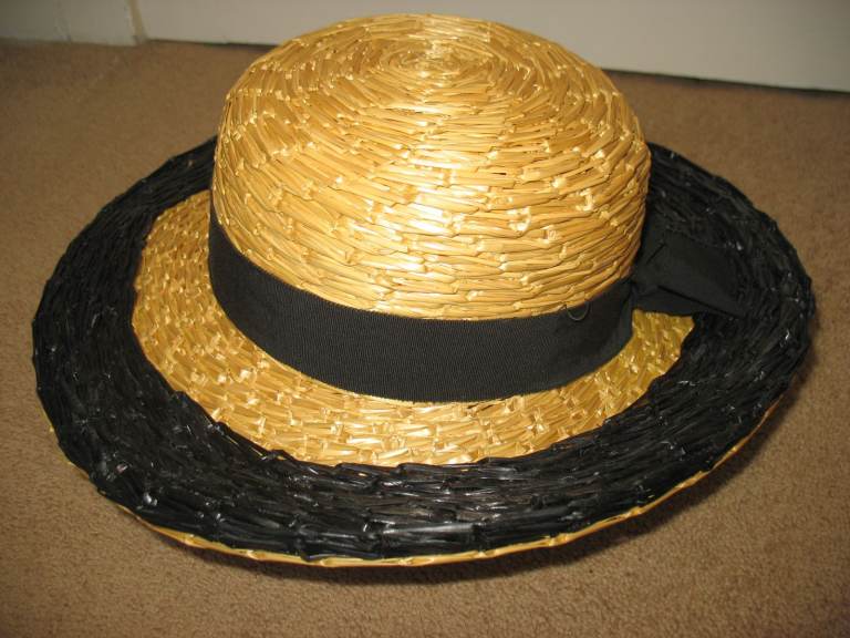Vintage women's straw hat, black band + small black brim, Moriot boutique, Italy