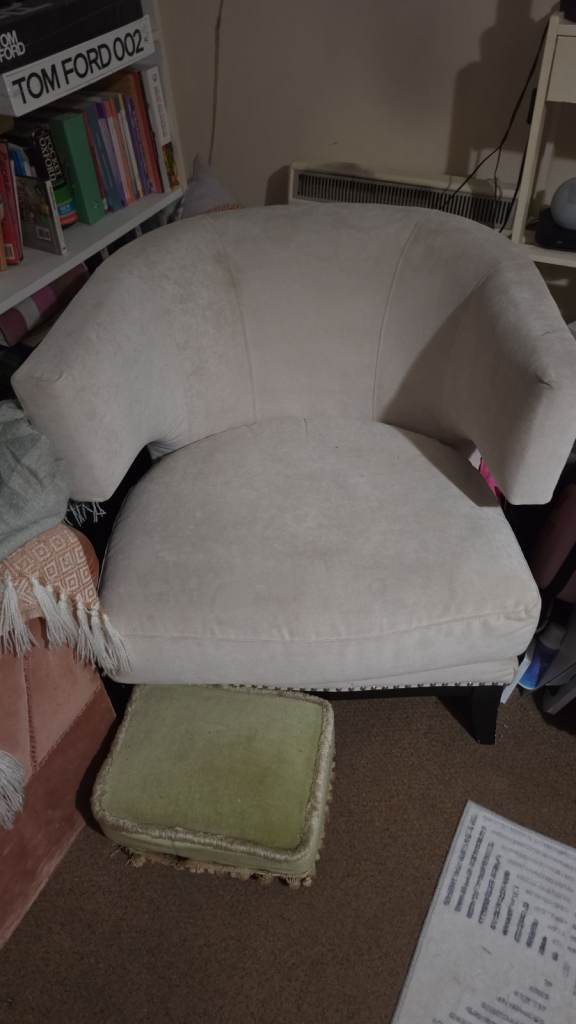 Comfortable Beige Armchair – Studded Detailing, Good Condition