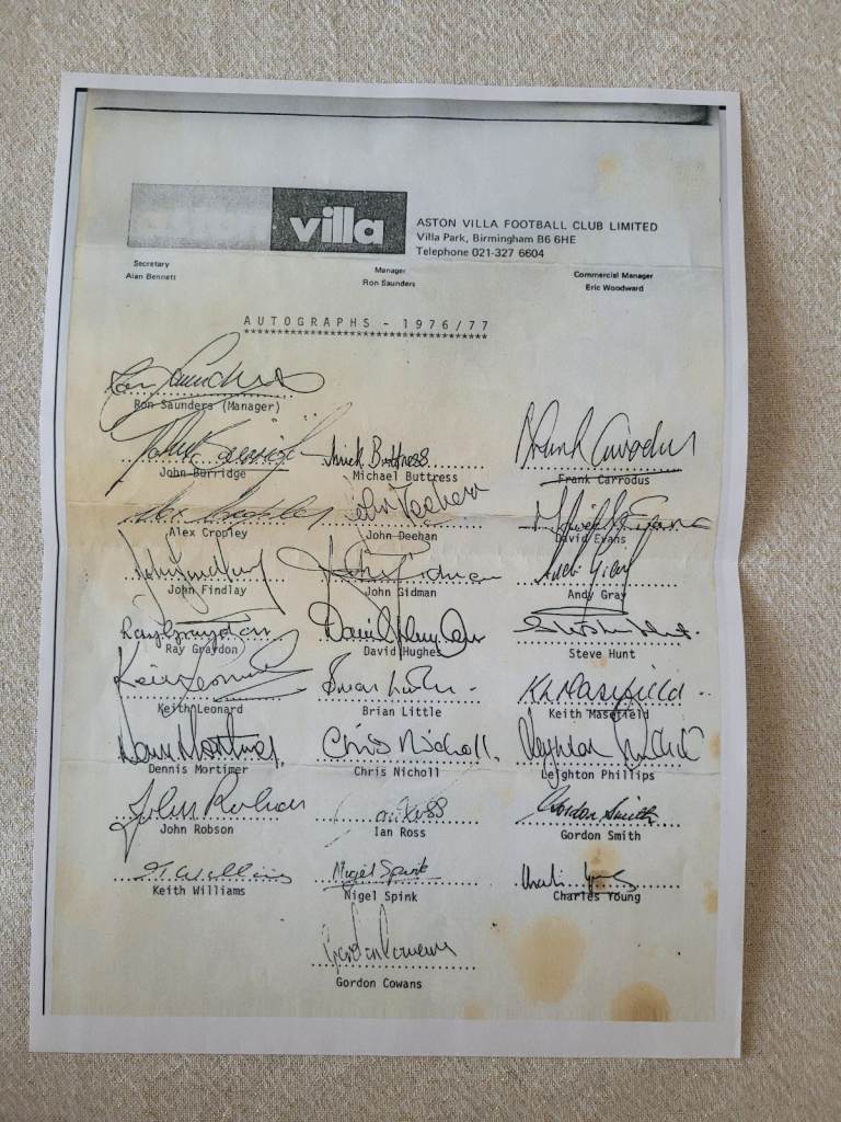 Aston Villa Signed Squad Sheet From 1976/77 Season