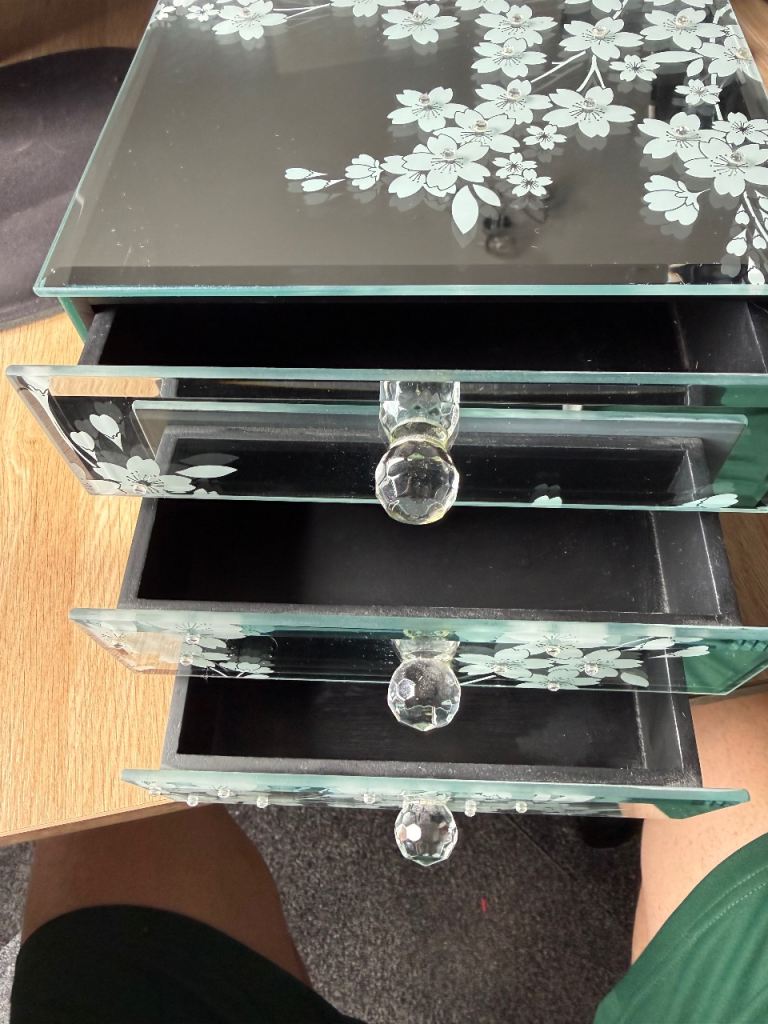mirrored pair of glass jewellery boxes