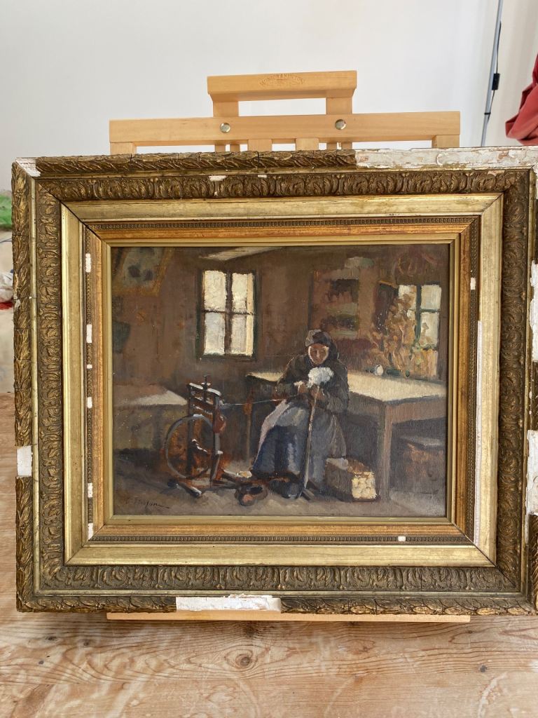 Woman with spinning wheel, original oil painting on panel