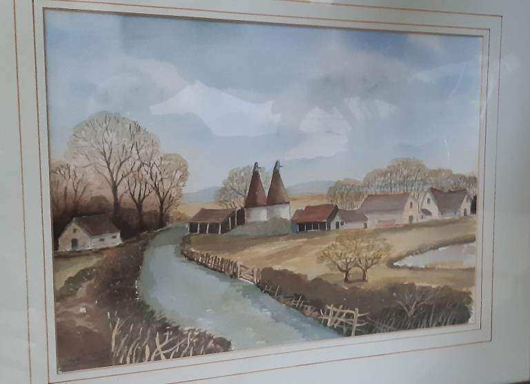 Fine art watercolour Painting. After Rowland Hilder early Garden of England watercolour