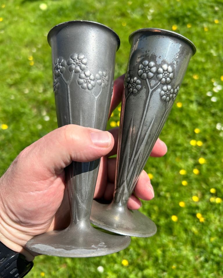 Liberty & Co. Tudric Pewter Vases, Floral Design - Pair
