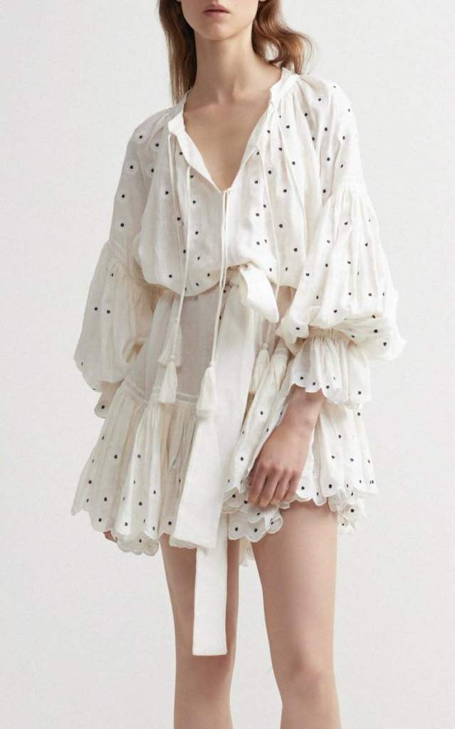 Acler Ivory Polka-Dot Embroidered Linen-Blend Belted Puff-Sleeve Mini Dress