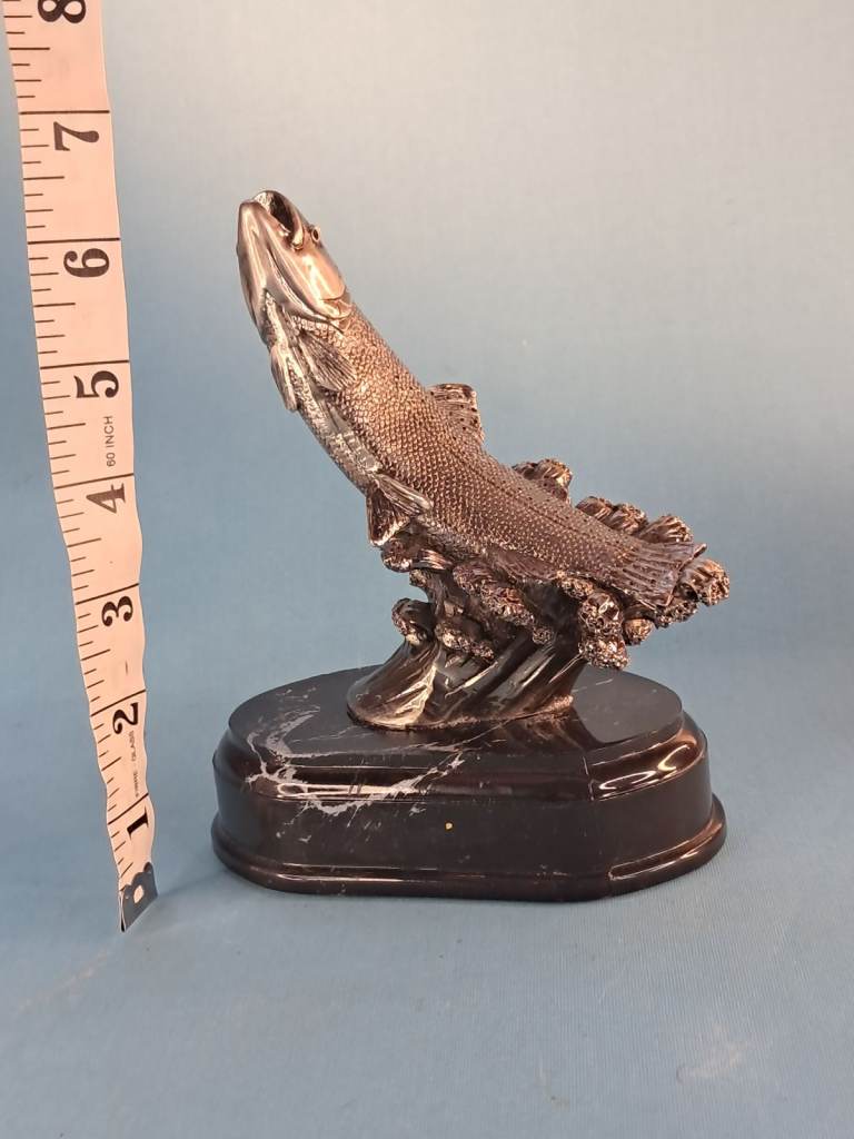 Trophys culpture of a leaping trout mounted on  base.as seen. Resin.