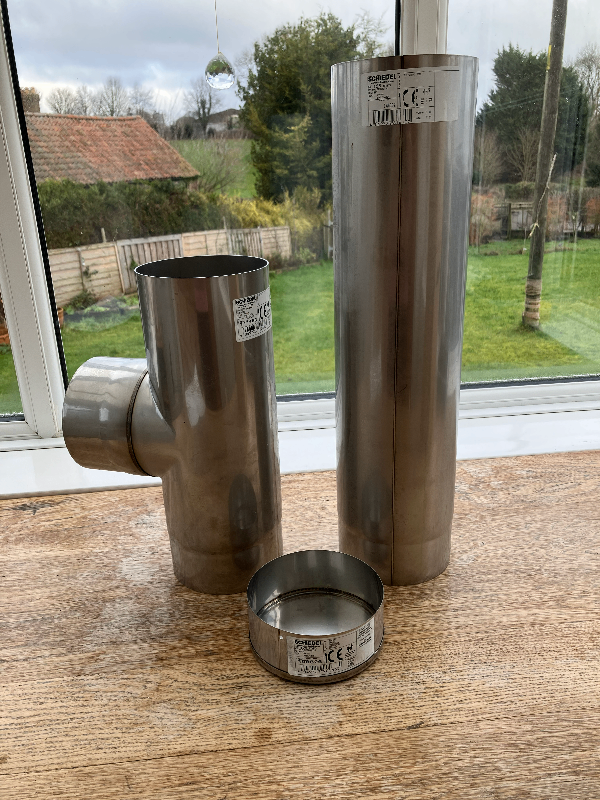 5" inch Stove flue pipe pieces x 3 - straight length, 90 degree tee & cap - stainless steel