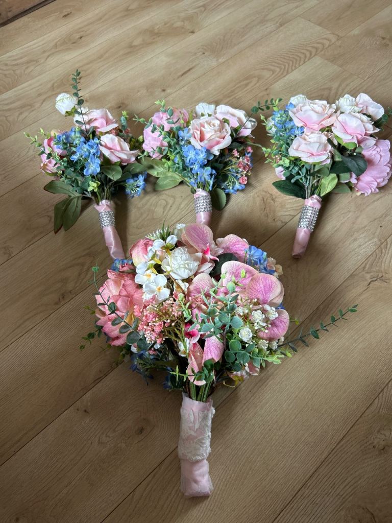 Wedding bouquets blue pink  bride and 3 bridesmaids x 4 