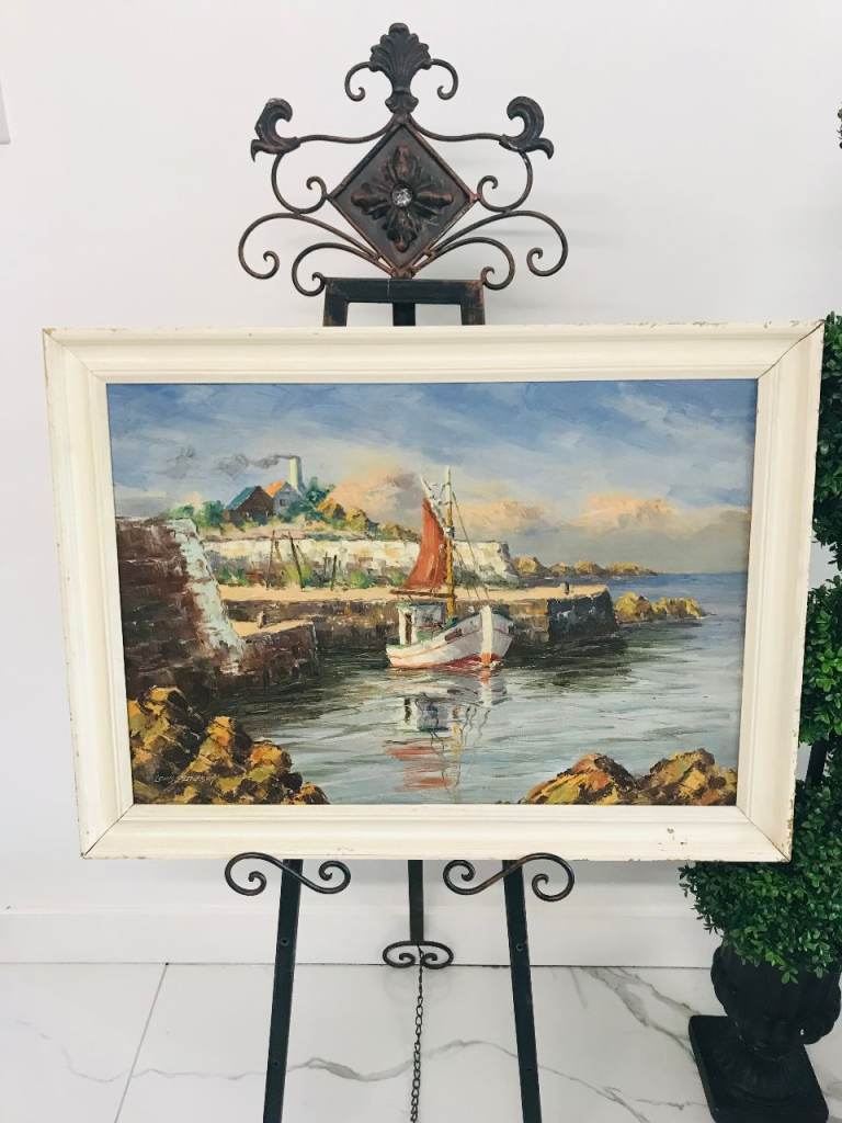 LOUIS BENDISEN – “Fishing Boat by the Entrance to a Dock” oil on canvas 
