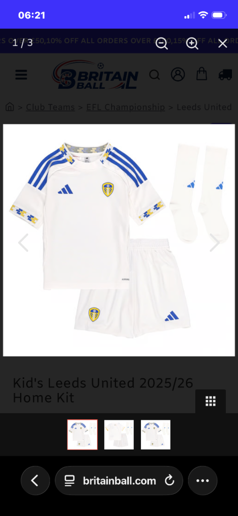 New Leeds United Kids Home Football Kit – White with Blue Details