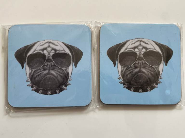 2 X COASTERS  - PUG DOG WITH SUNGLASSES