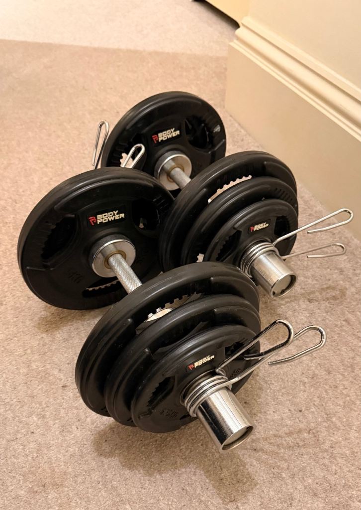 Bodypower Olympic rubber tri-grip weight plates and two dumbbell bars (35Kg) with spring collars.