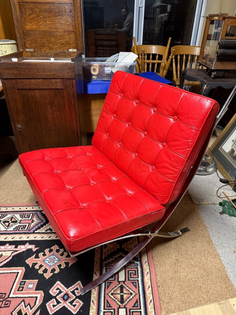 Vintage Red Leather Chrome Framed Barcelona Chair