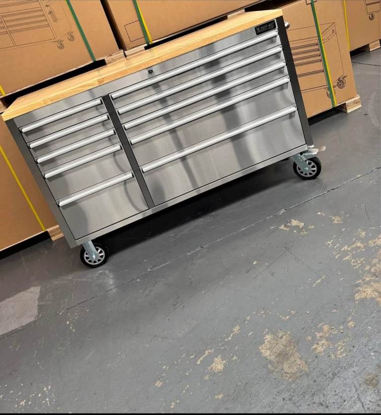 55" wide wooden top 10 drawer steel tool cabinet/ workbench