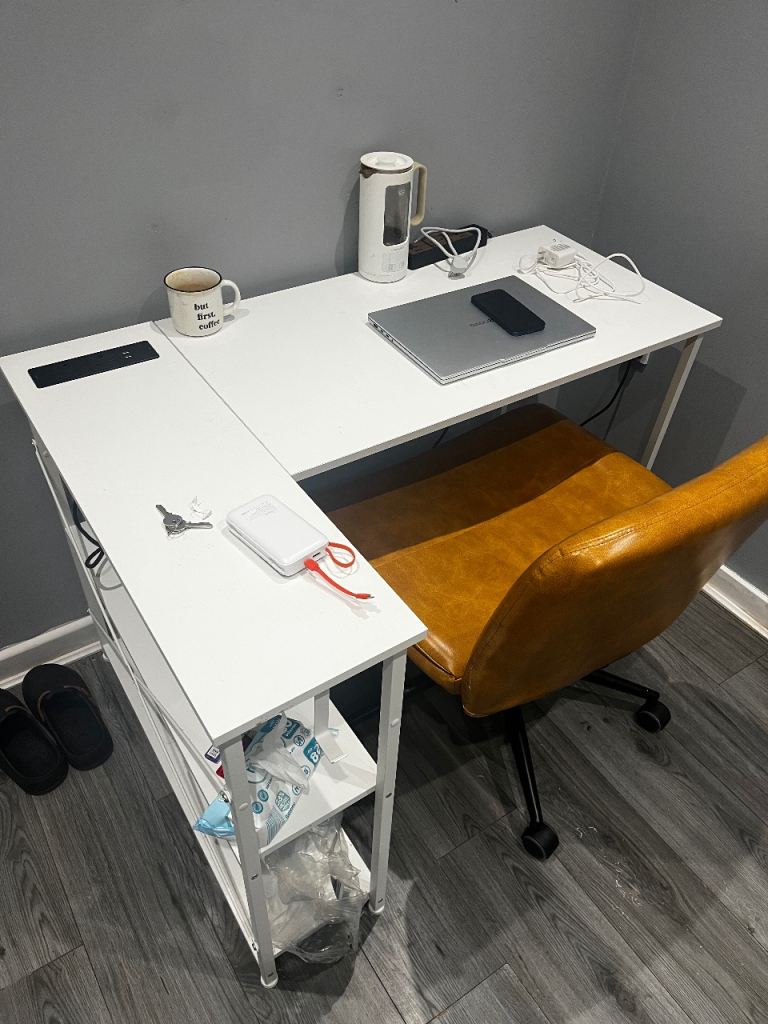 image for L Shaped Desk with Power Outlets, 100 cm L Computer Corner Desks with Reversible Shelves