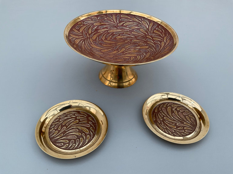 Ornamental Indian Brass floral decorative footed bowl and 2 Trinket dishes
