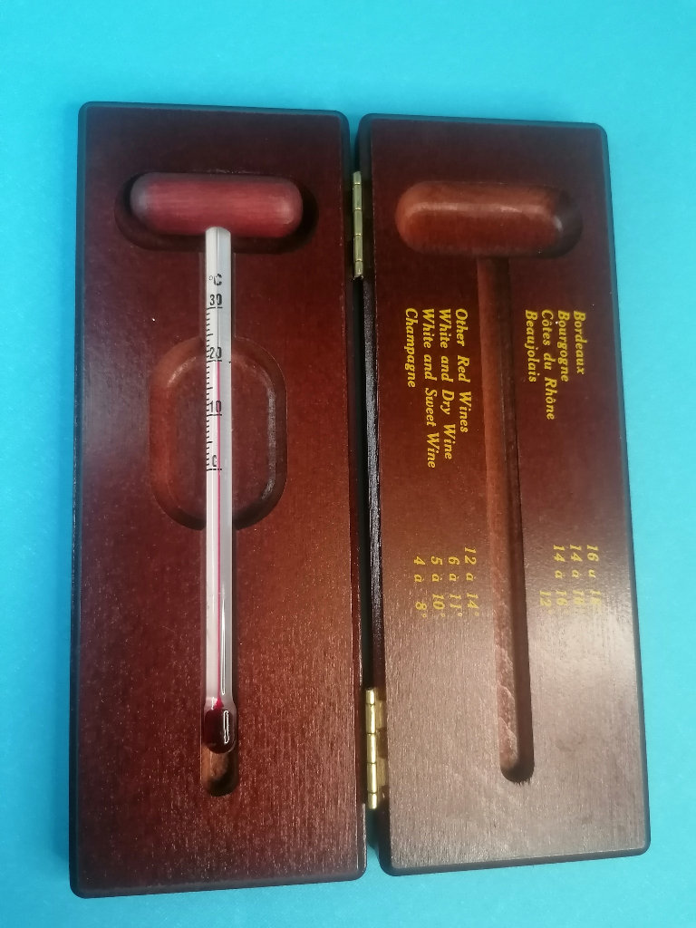 Good Condition, Wine Thermometer, Precision Tool with Elegant Wooden Storage Case