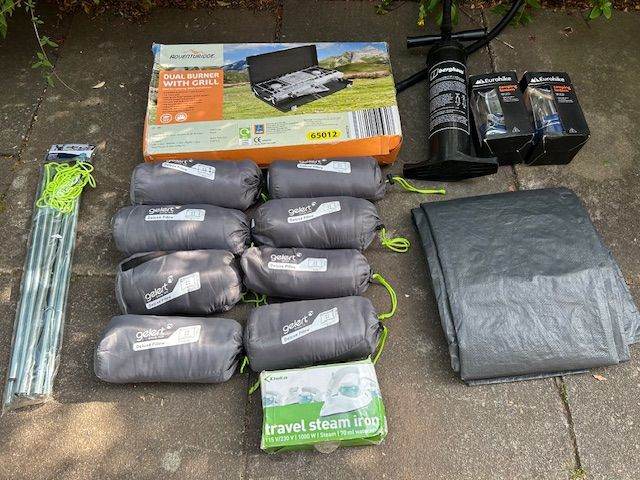 Camping Gear Bundle – Camp cooker, Pillows, Air tent pump, lamps, ground sheet, travel iron