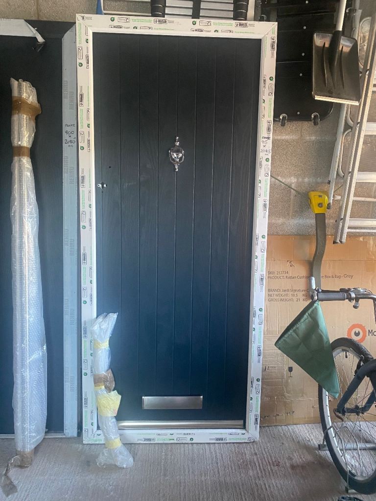 Brand New Grey Front Door with White Frame - 915x2085mm
