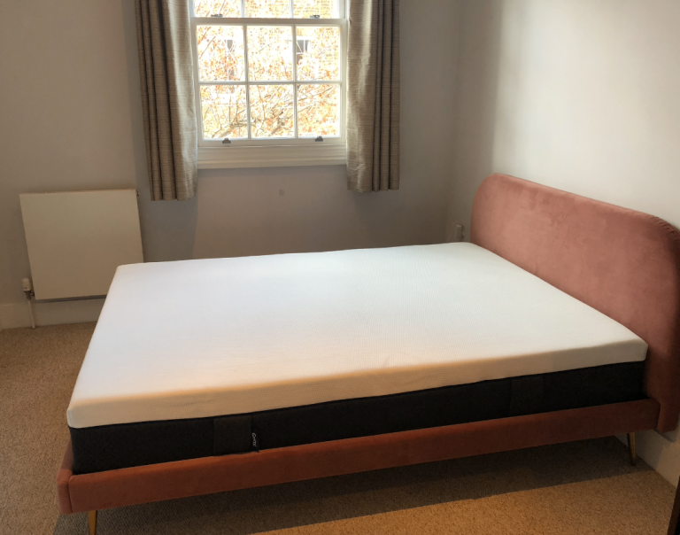 Blush Pink Velvet Double bed + Emma Mattress - Barely-used
