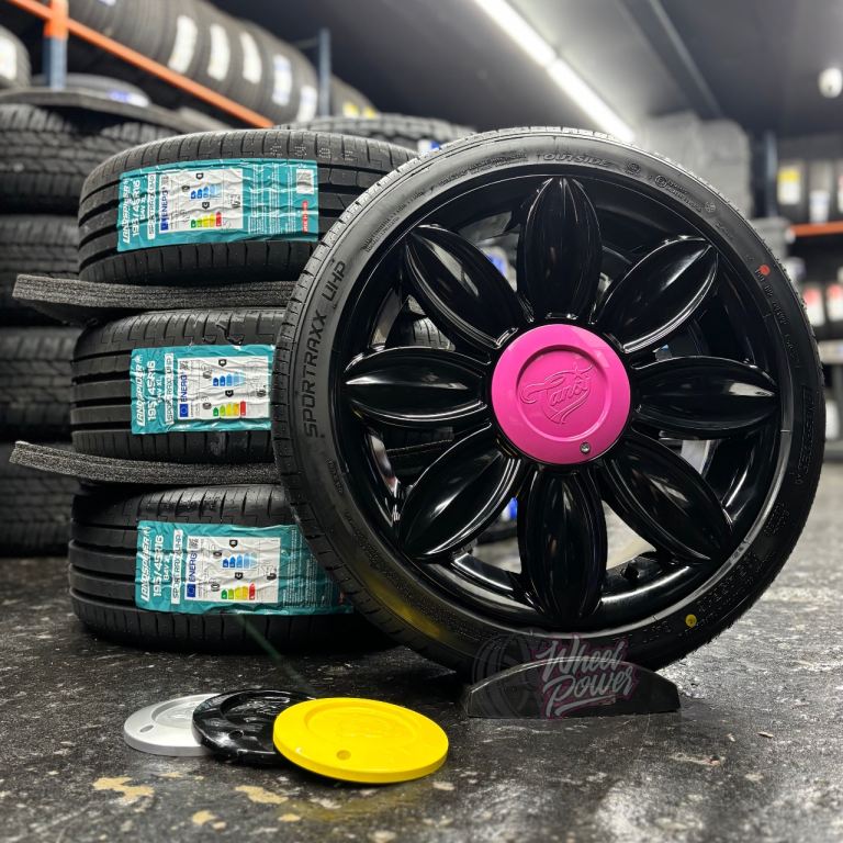 16” 4x100 4x108 Tansy Daisy Wheels Black Alloys 195/45/16 Fiesta VW Up Fiat 500 Clio Mini Corsa Jazz