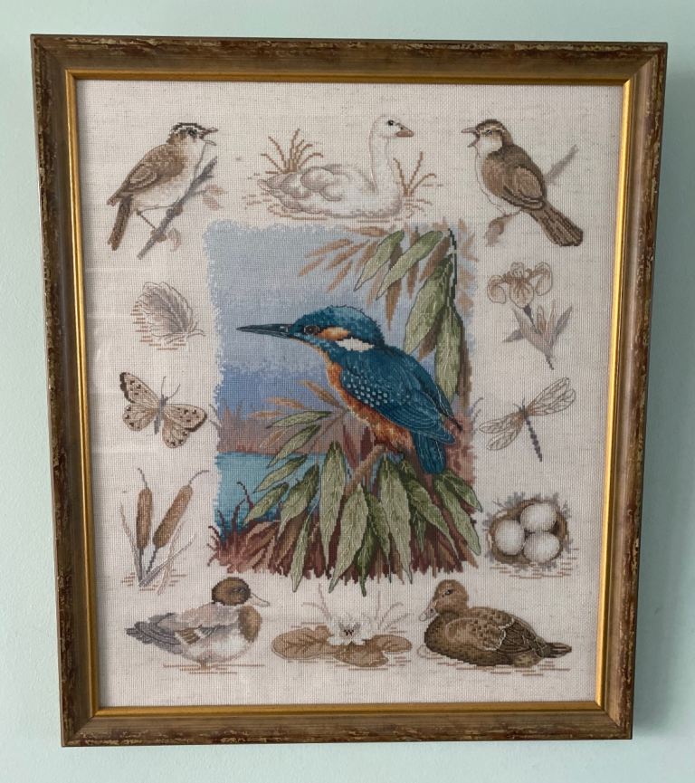 VINTAGE BIG EMBROIDERY KINGFISHER WITH BIRDS, DUCKS, BUTTERFLIES, DRAGONFLY ETC IN GLAZED FRAME