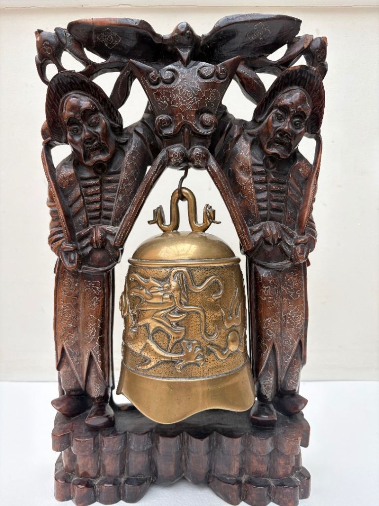SALE: Antique Chinese Temple Bell with stunning Dragon design: Carved Hardwood & Brass