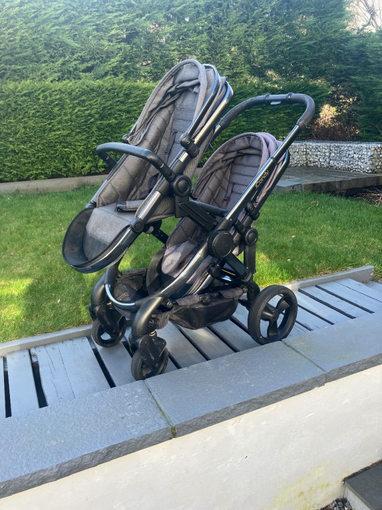 Icandy peach double pram with carry cot, 2 x rain covers and car seat adapters