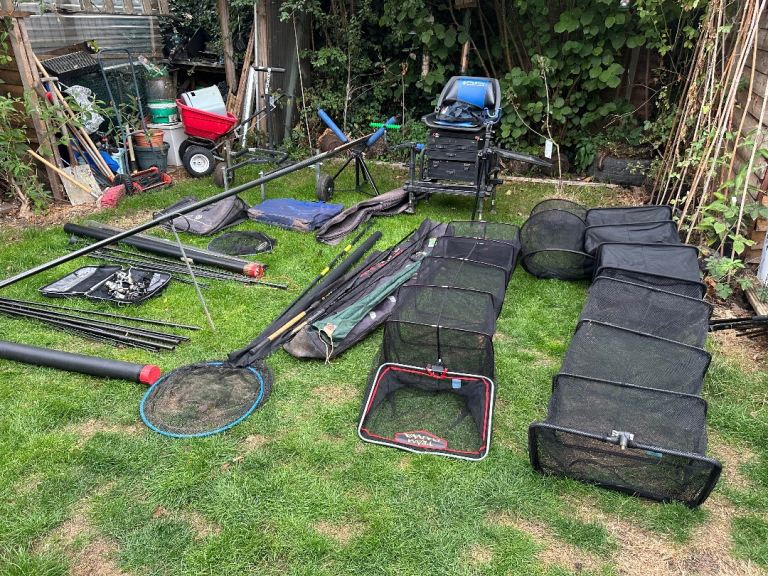 Large Fishing Tackle Bundle – Rods, Reels, Nets, Seat