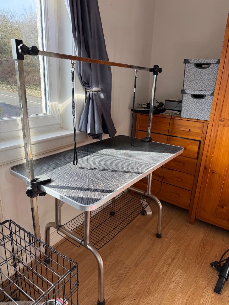 Dog grooming table with storage basket