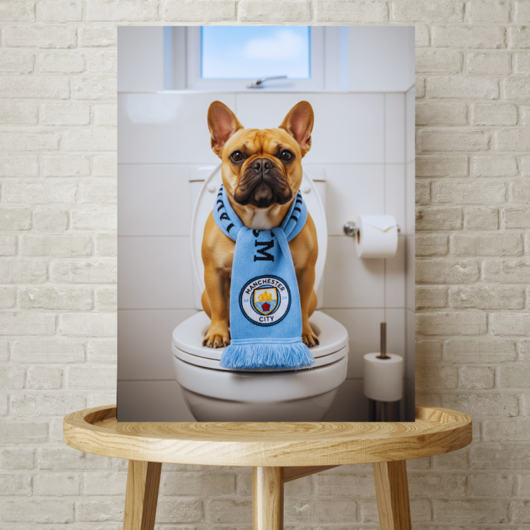 Manchester City French Bulldog Toilet Art Print, Black Frame