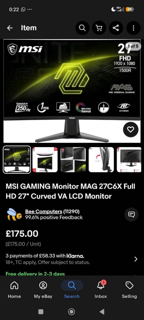 MSI monitor 250hz 27" Full HD Curved 1ms