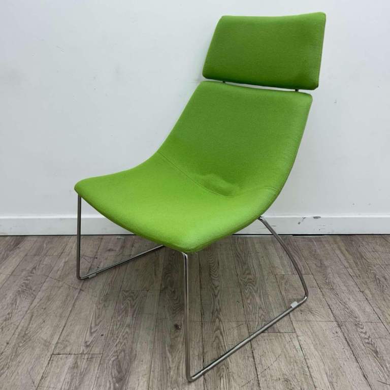 Visitor Chair in Light Green Fabric with Headrest & Chrome Skid Frame