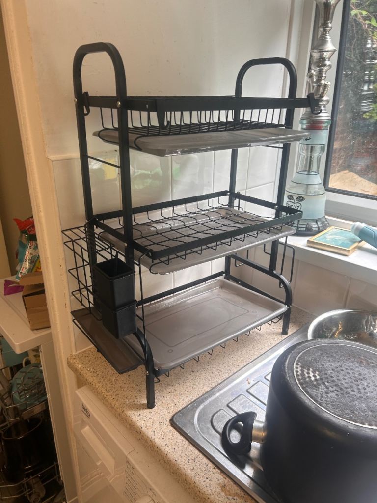 3-Tier Dish Drying Rack with Drain Board – Black Metal