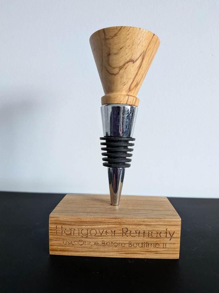 Wooden Wine Bottle Stopper with Stand - 'Hangover Remedy'