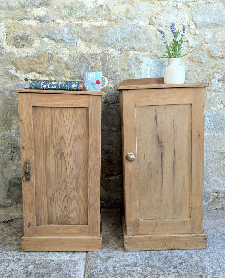  Pair Antique Pine Bedside Cupboards Tables - Pot Cupboards - SKU 139