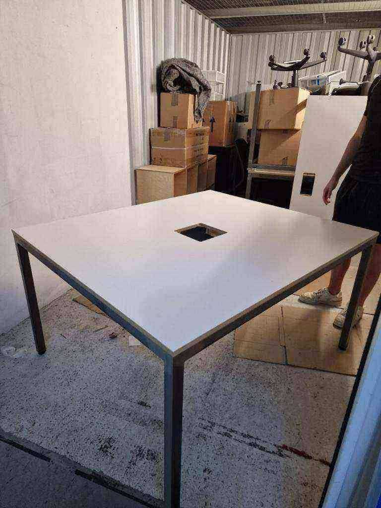 Used White computer study office bench desk with cable port metal frame meeting conference table