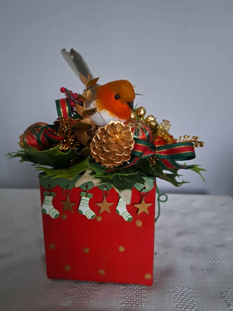 Festive Christmas Arrangement in Red Metal Pot New