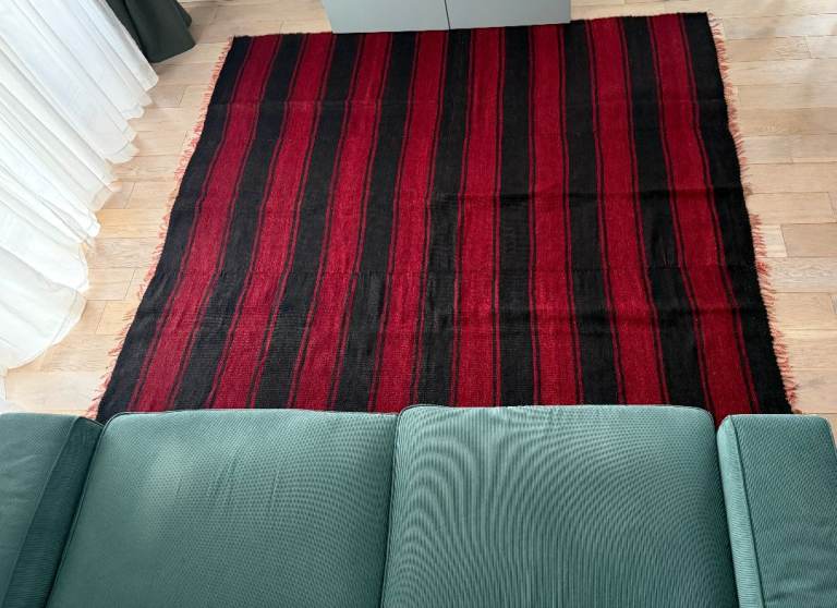 Large vintage handmade wool kilim rug – red black striped – 210 x 240 cm