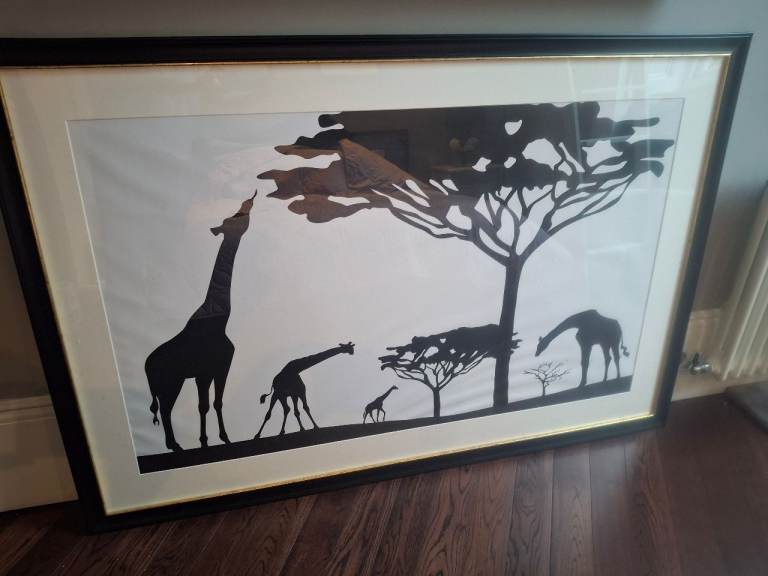 Large Framed Giraffe Silhouette Picture – Black Frame, Good Condition