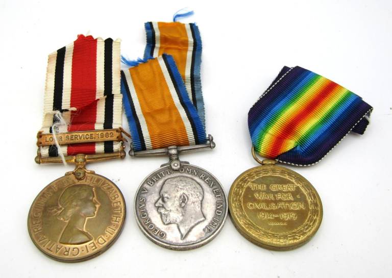 WWI War + Victory Medal Pair to GNR A.R.Ebbage R.A & Long Service Medal Dated 1982 to David Ebbage