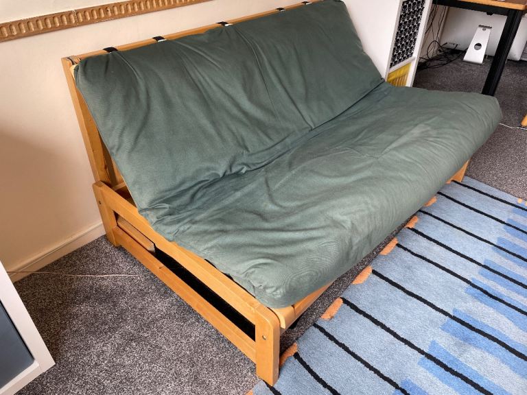 Green Futon Sofa Bed with Wooden Frame
