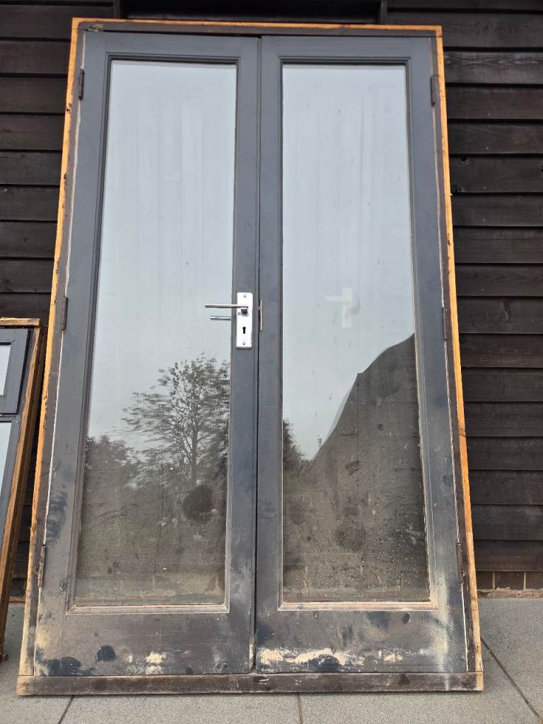 Grey French Doors with Window – Fair Condition