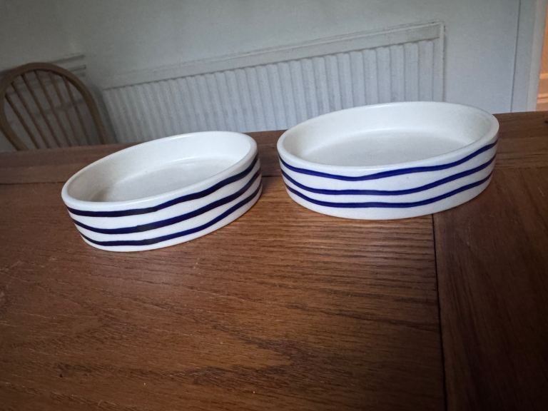 A pair of blue stripe pet bowls for small dog/ cat 